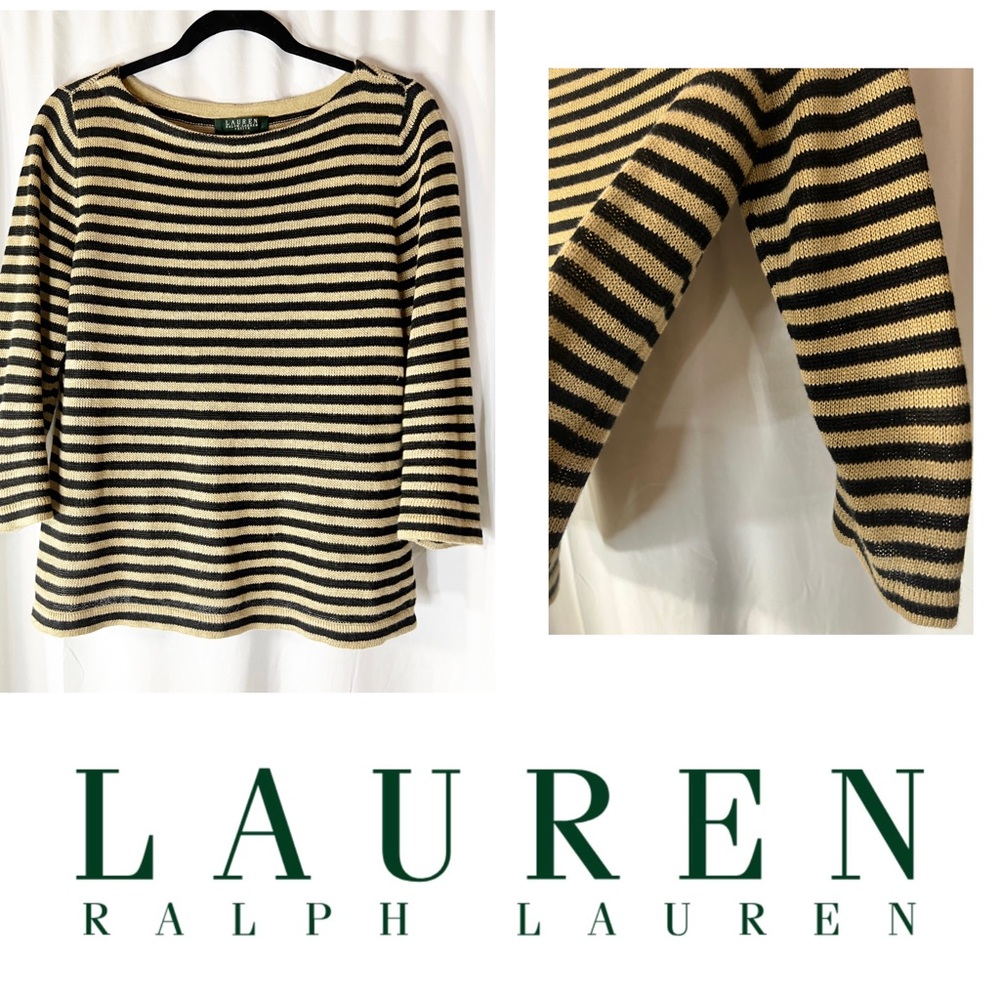 Lauren Ralph Lauren Petite Stripped Beige Black Linen Top Fashionable Size PM